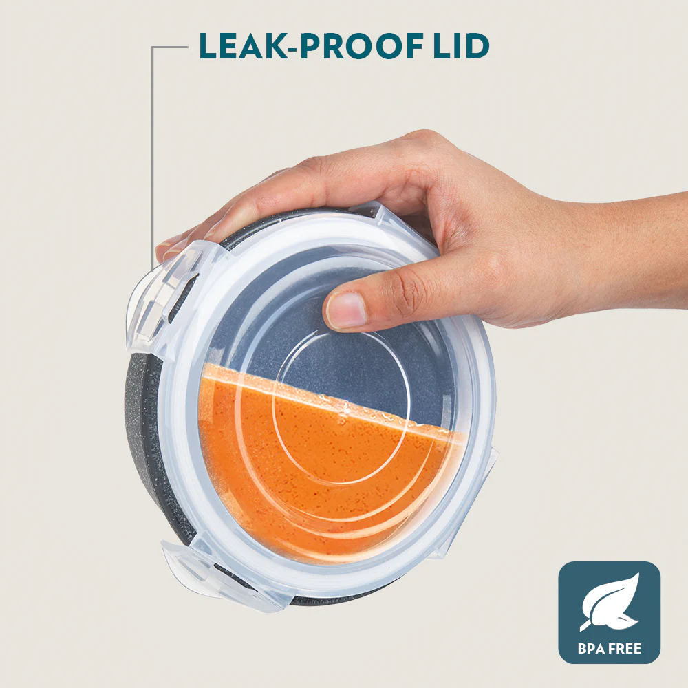 Borosil Kube Black Glass Lunch Box, Round x 3 (Tall), Set of 3, 400ml