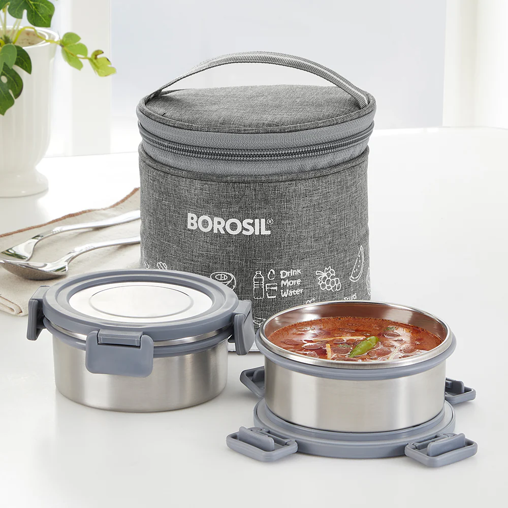 Borosil Slate Stainless Steel Lunchbox, Set of 2, Tall, 280ml