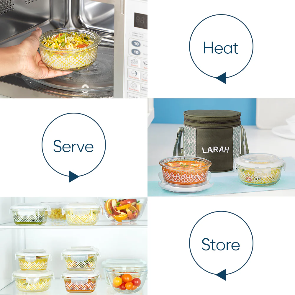 Larah Gracia Glass Lunchbox, Round x 2 (Tall), 400ml x 2