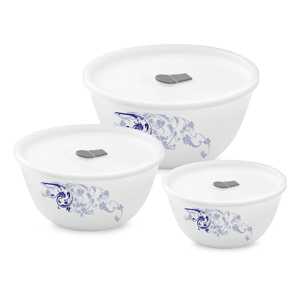 Larah by Borosil Blue Eve Mixing Bowl Set w Lid, 6 pc Set (500ml + 750ml + 1 L)