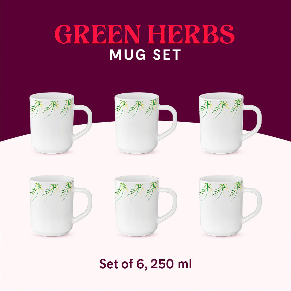 Larah by Borosil Green Herbs Mug Set, 240ml x 2