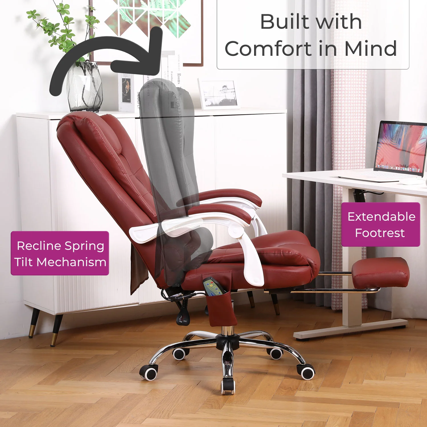 Neo Office Chair Burgundy Faux Leather With Footrest & Massage Function Steel Frame