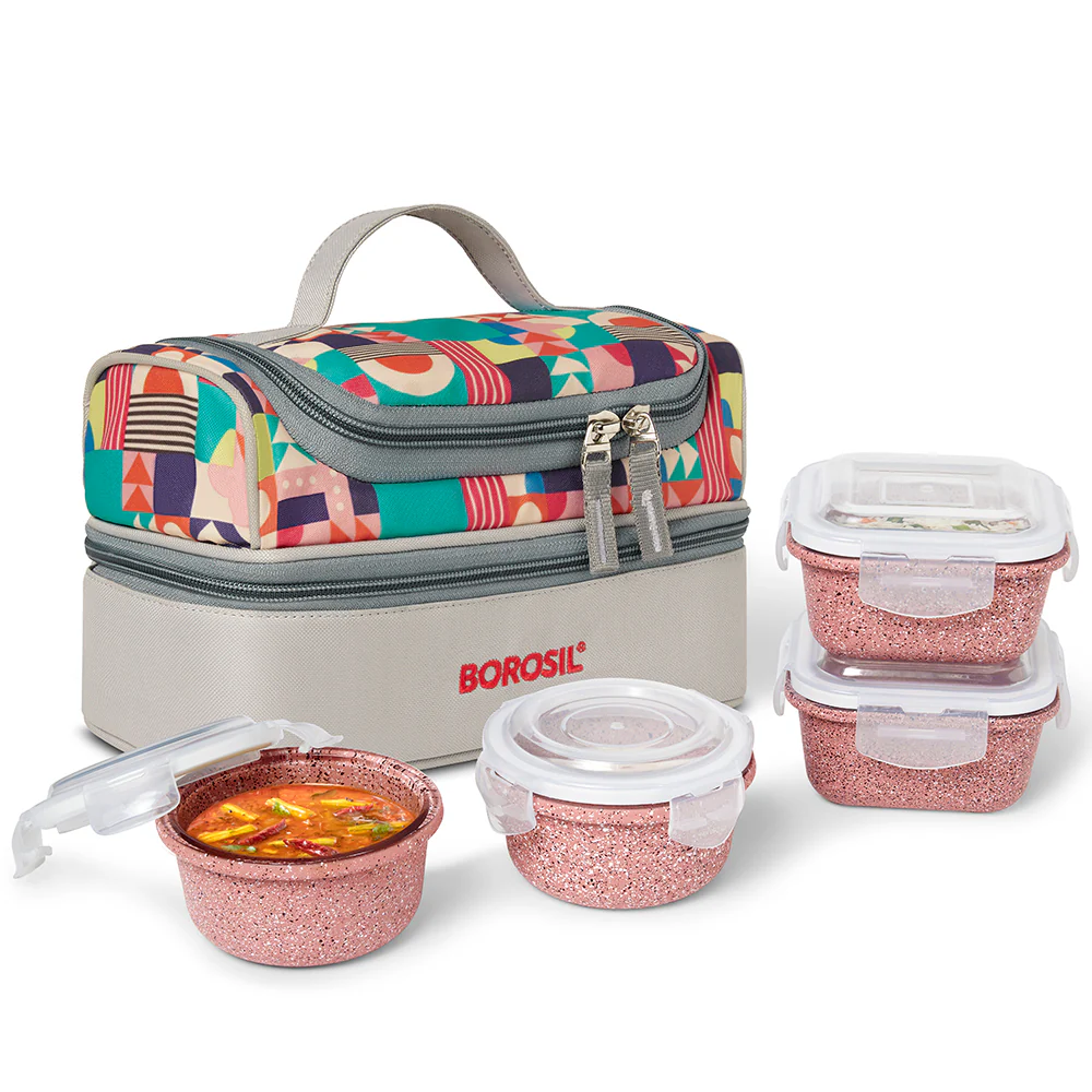 Borosil Kube Pink Universal Glass Lunchbox, 320ml x 2 + 240ml x 2
