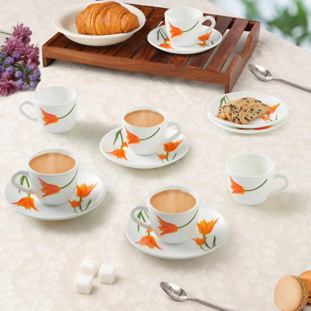 Larah by Borosil Firefly Cup n Saucer Set, 90ml x 12