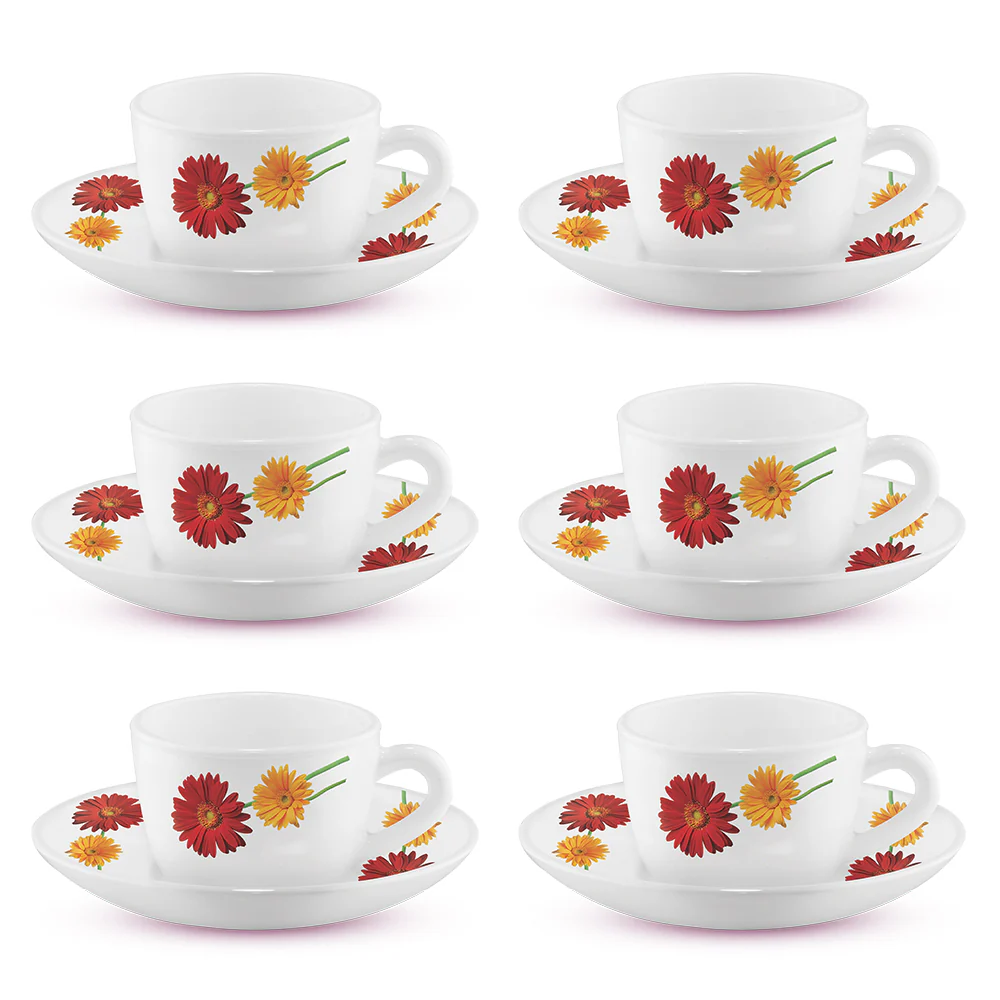 Larah by Borosil Zinnia Cup n Saucer Set, 140ml x 12