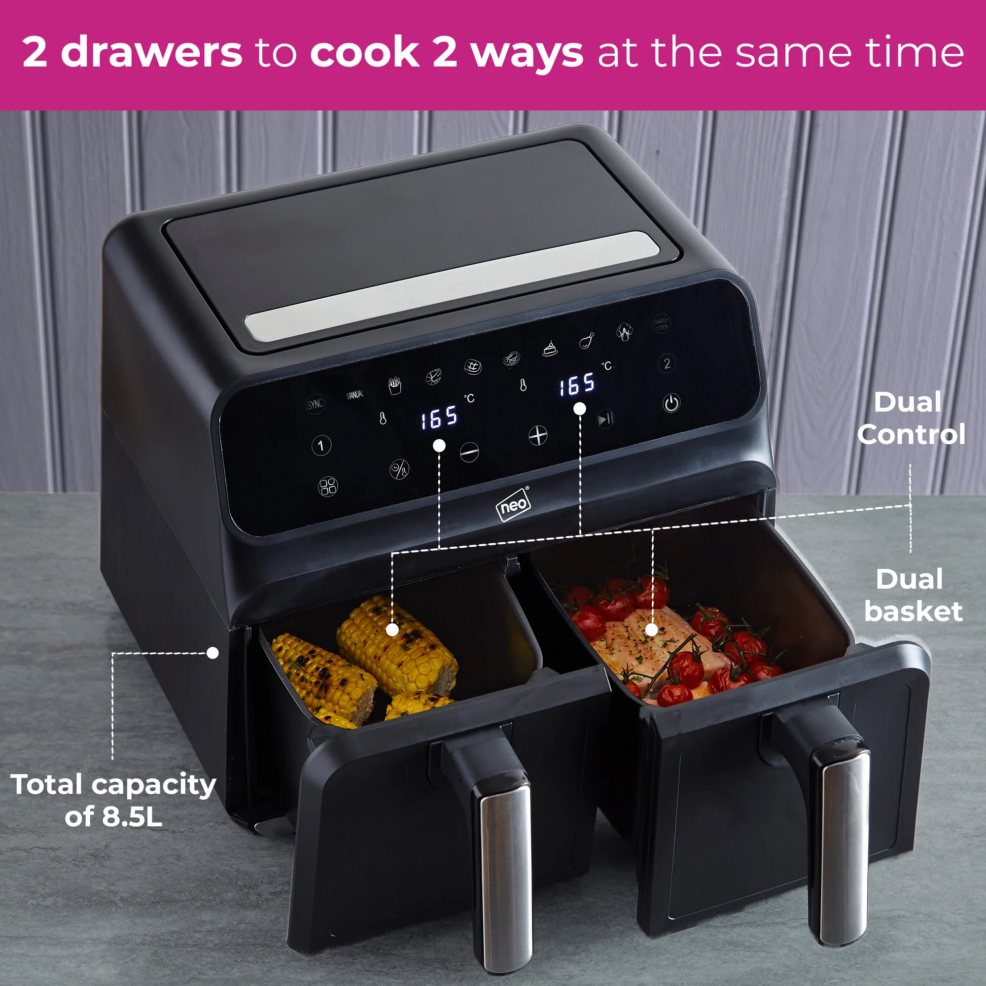 Neo Electric Digital Air Fryer 8.5L with Dual Drawer Black & Silver