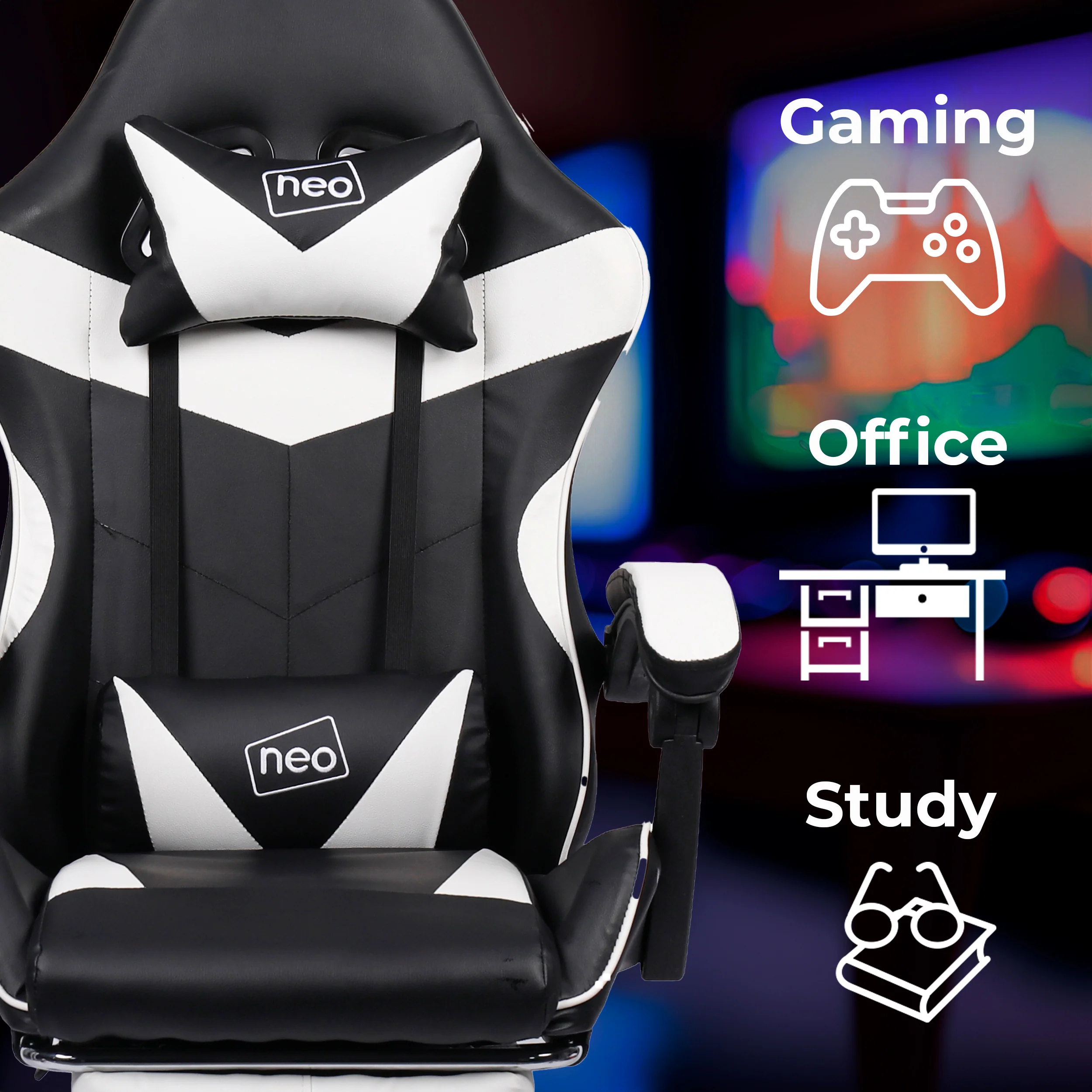 Neo Gaming Chair White & Black PU Leather with Footrest