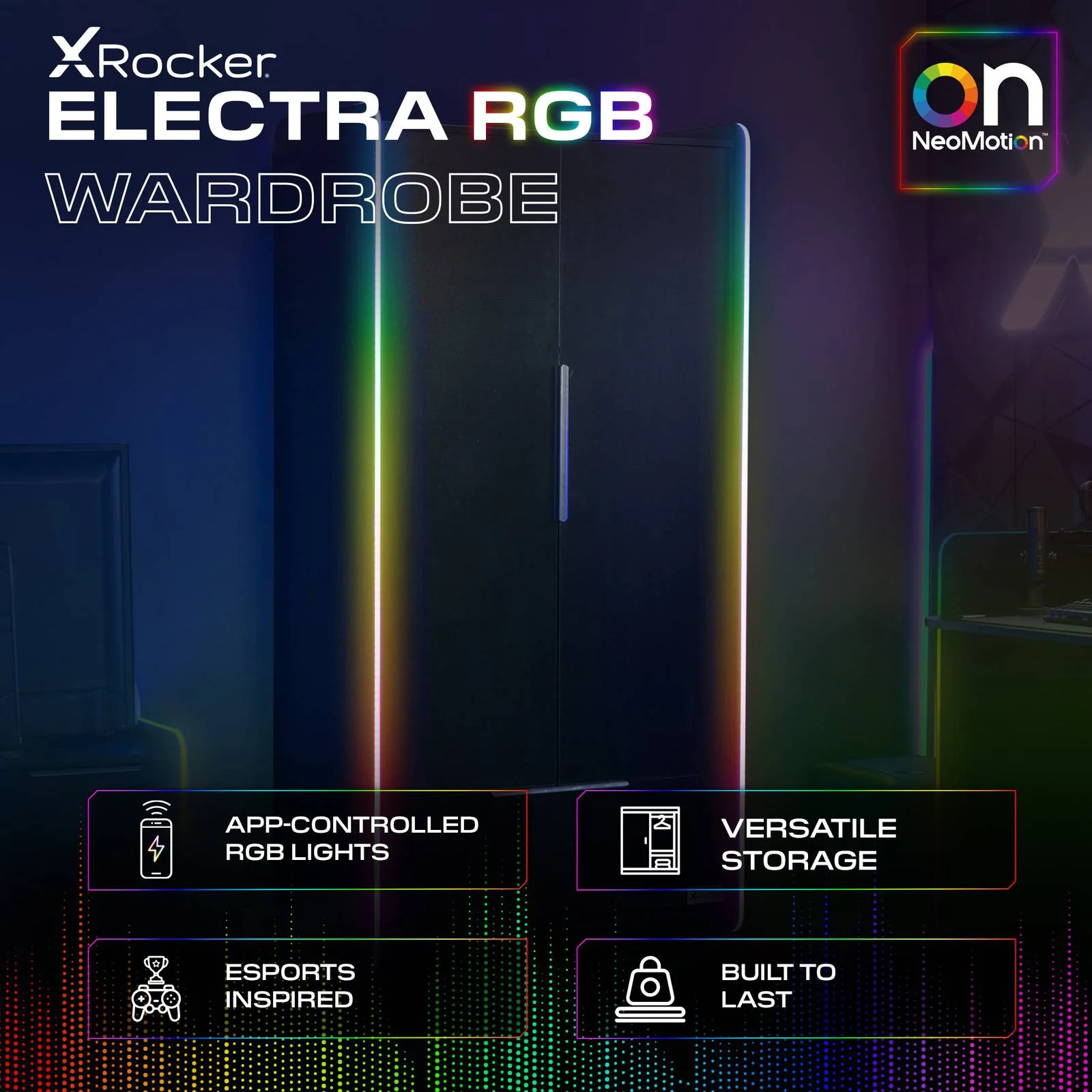 Electra 2 Door Wardrobe with Drawer and Neo Motion SYNC™ App Controlled LED Lights - Black