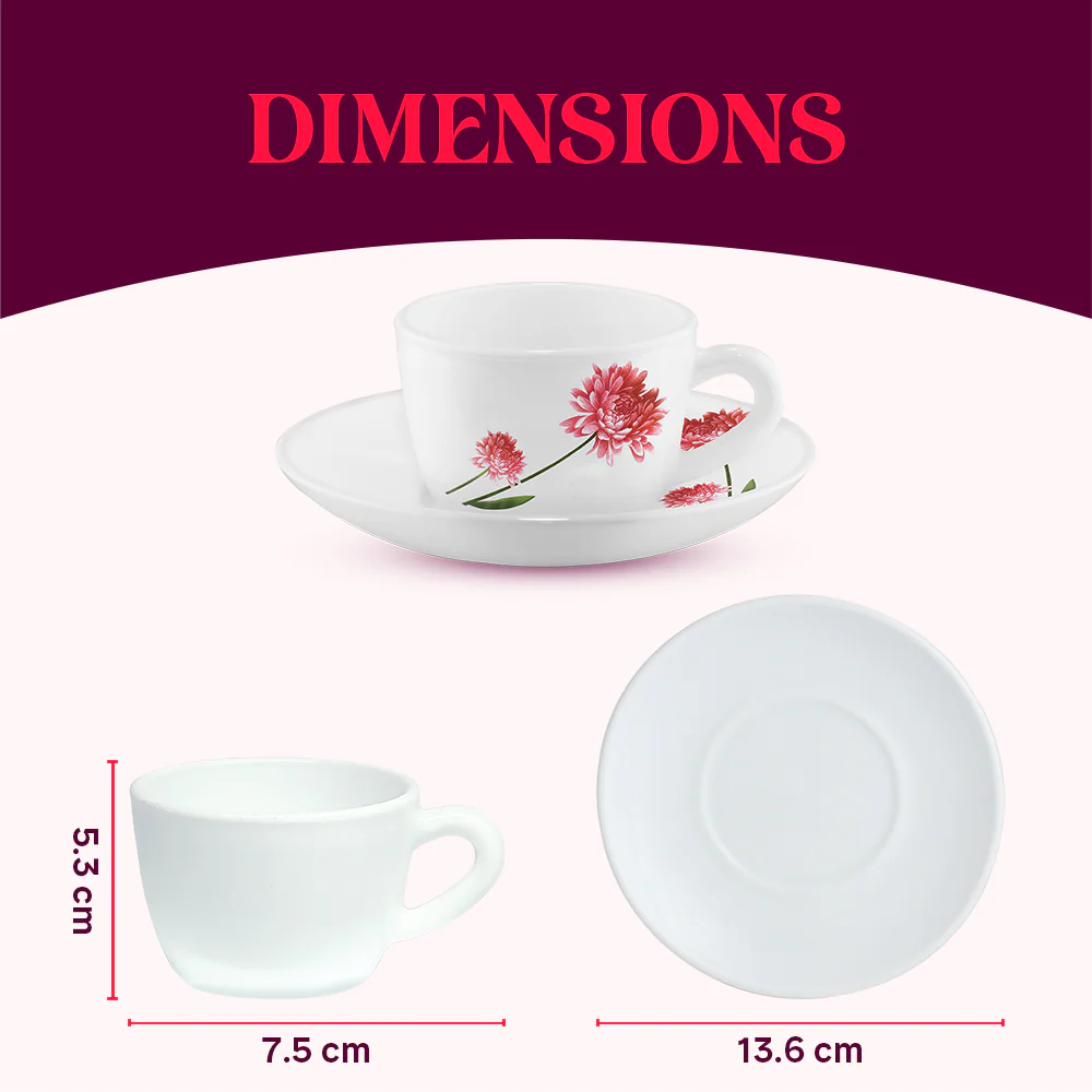 Larah by Borosil Belle Cup n Saucer Set, 140ml x 12