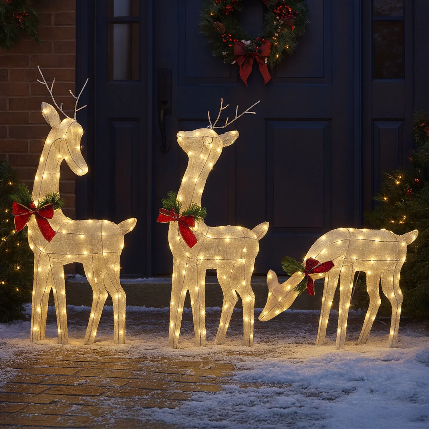 Neo Set of 3 LED Lighted Reindeer Christmas Decorations Indoor Outdoor Holiday Yard Décor 210 Dual LED Lights Timer Weather Resistant Frame Festive Red Bows & Greenery