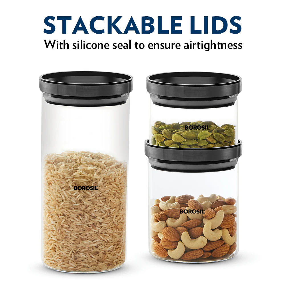 Stack n Store Airtight Glass Jar with Black PP lid