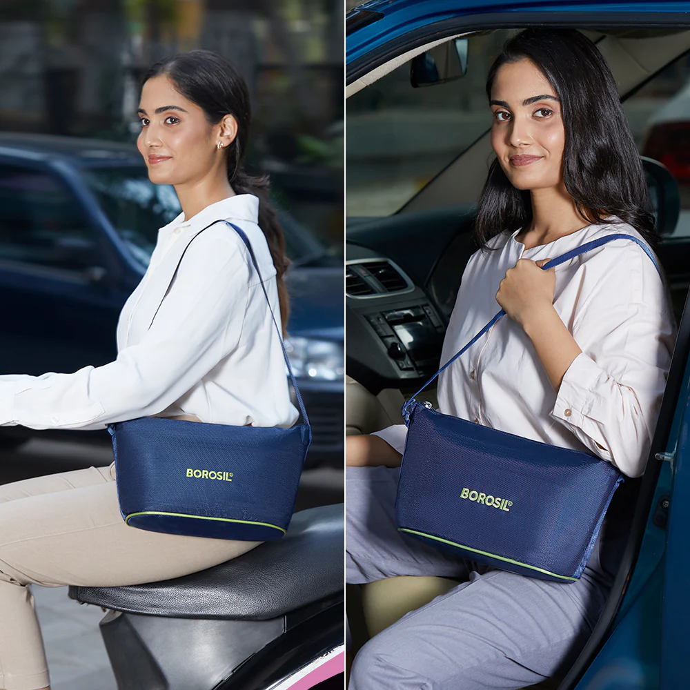 Borosil Blue Daisy Glass Lunchbox, 320ml x 2 (+) 240ml x 2