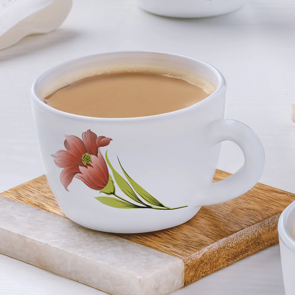 Larah by Borosil, Opalware, Micriwave Safe, Red Iris Cup Set of 6, 140ml