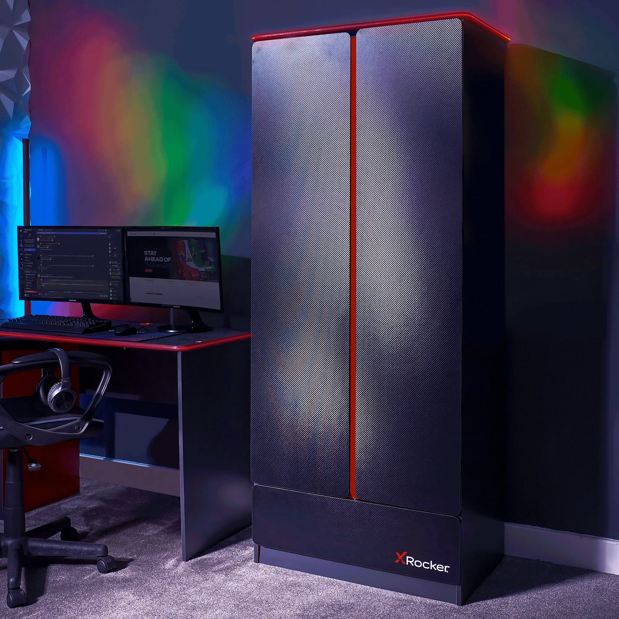 Carbon-Tek LED 2-Door Wardrobe with Drawer - Grey / Red RGB