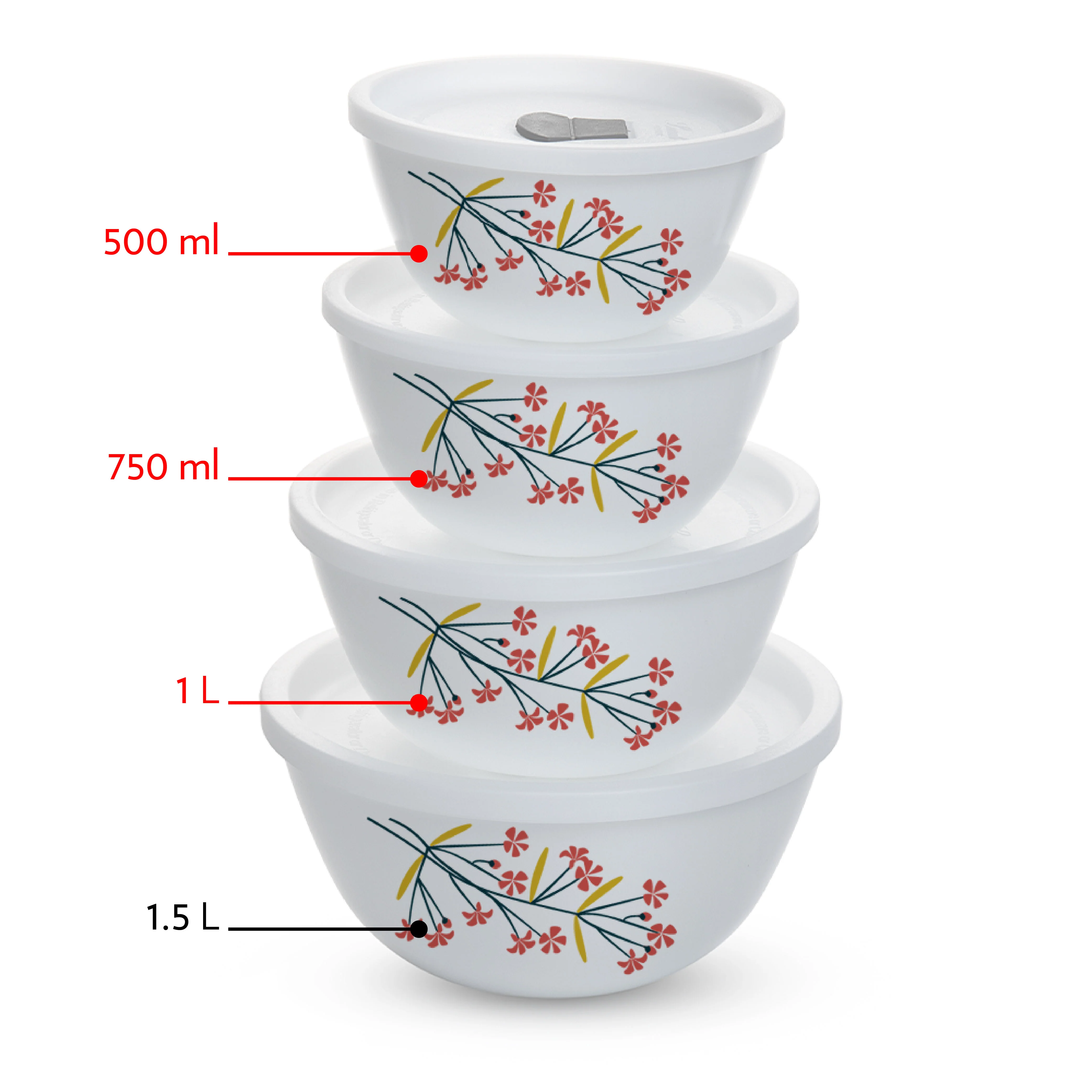 Larah by Borosil Red Bud 4 pc Mixing Bowl, 1 L + 750 ml + 500 ml