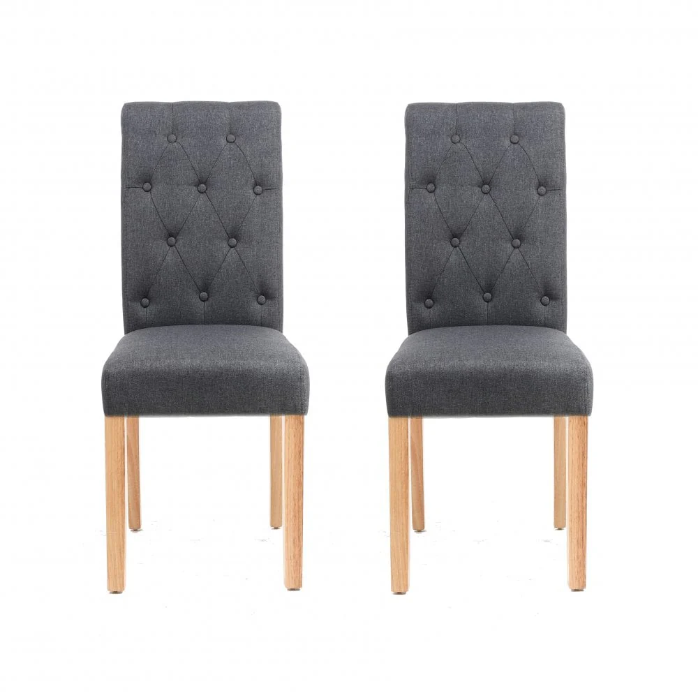 Set of Two Neo Dark Grey Fabric High Button Back Roll Top Dining Table Chairs