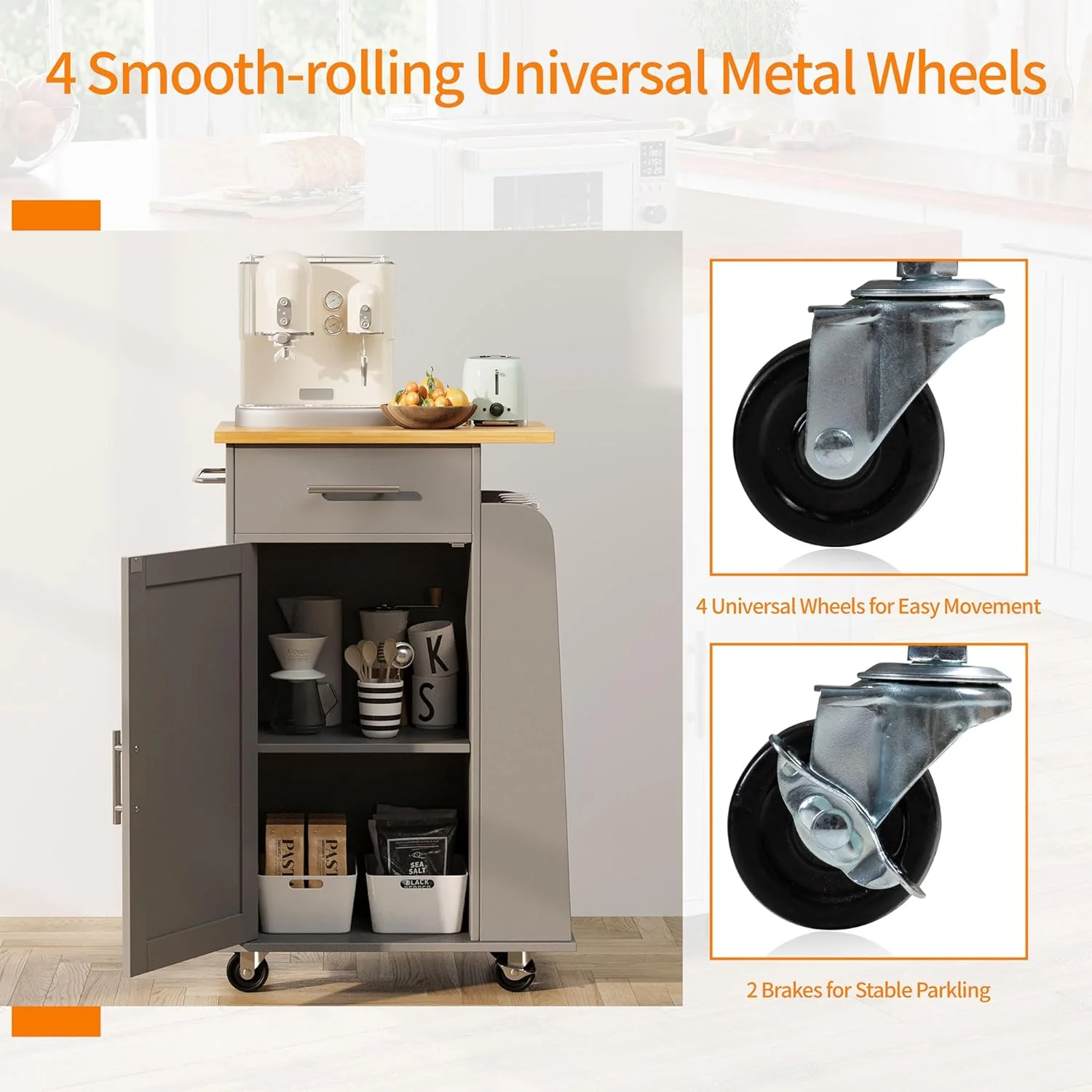 Small Kitchen Island on Wheels with 3-Tier Side Spice Rack and Rubber Wood Top