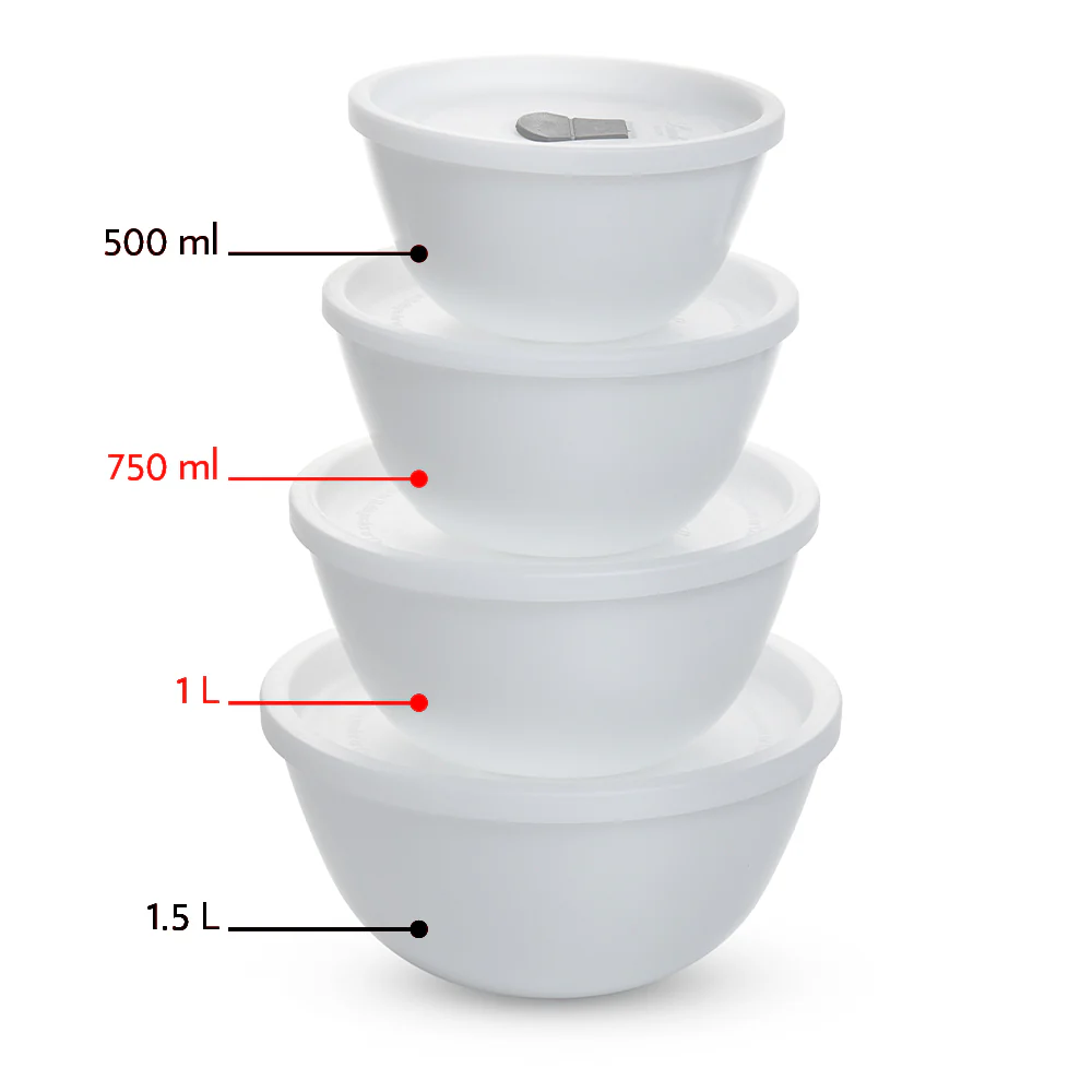 Larah by Borosil Snow Mixing Bowl w Lid, Set of 2, 1L + 750ml