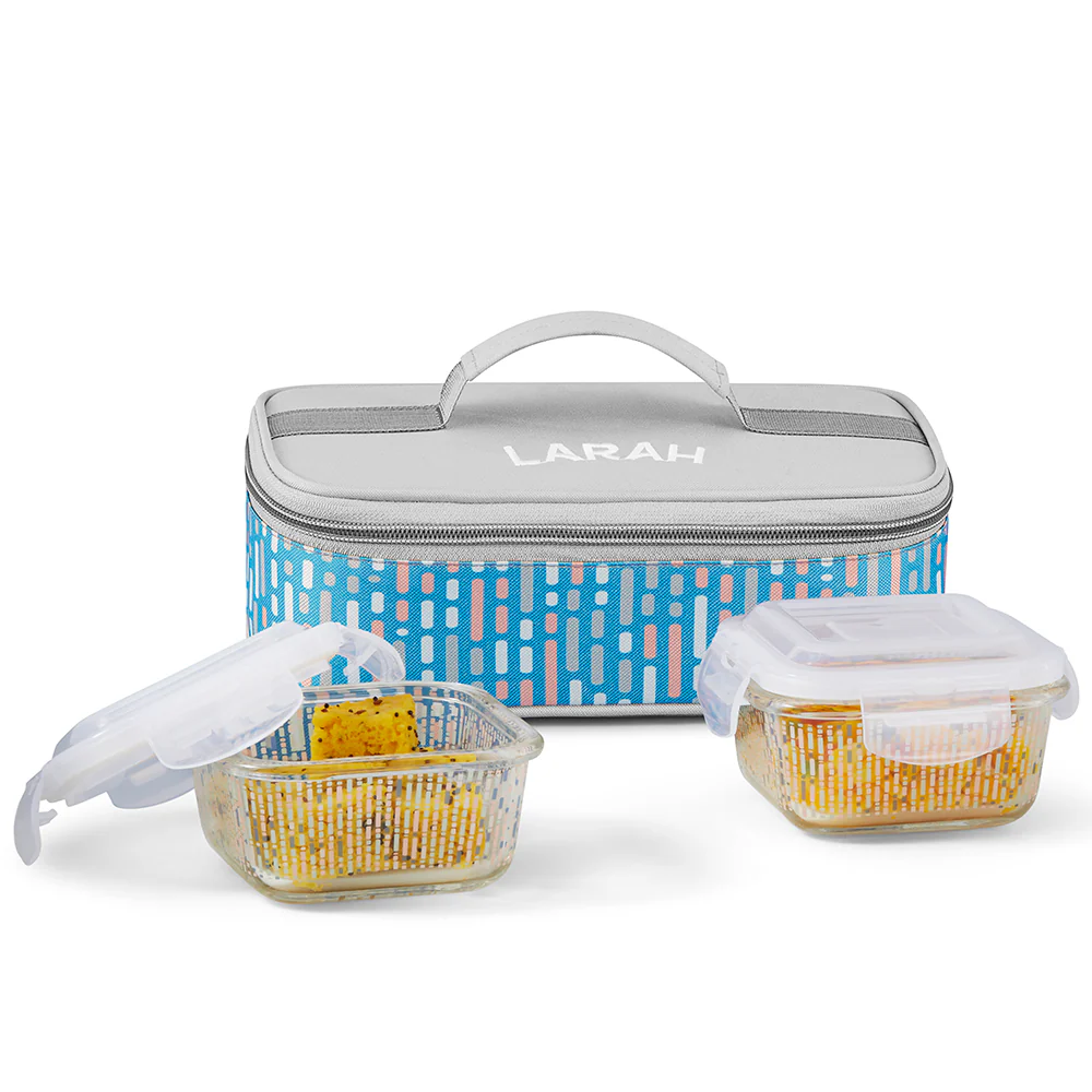 Larah Vogue Glass Lunchbox, Square x 2 (Flat), 320ml x 2