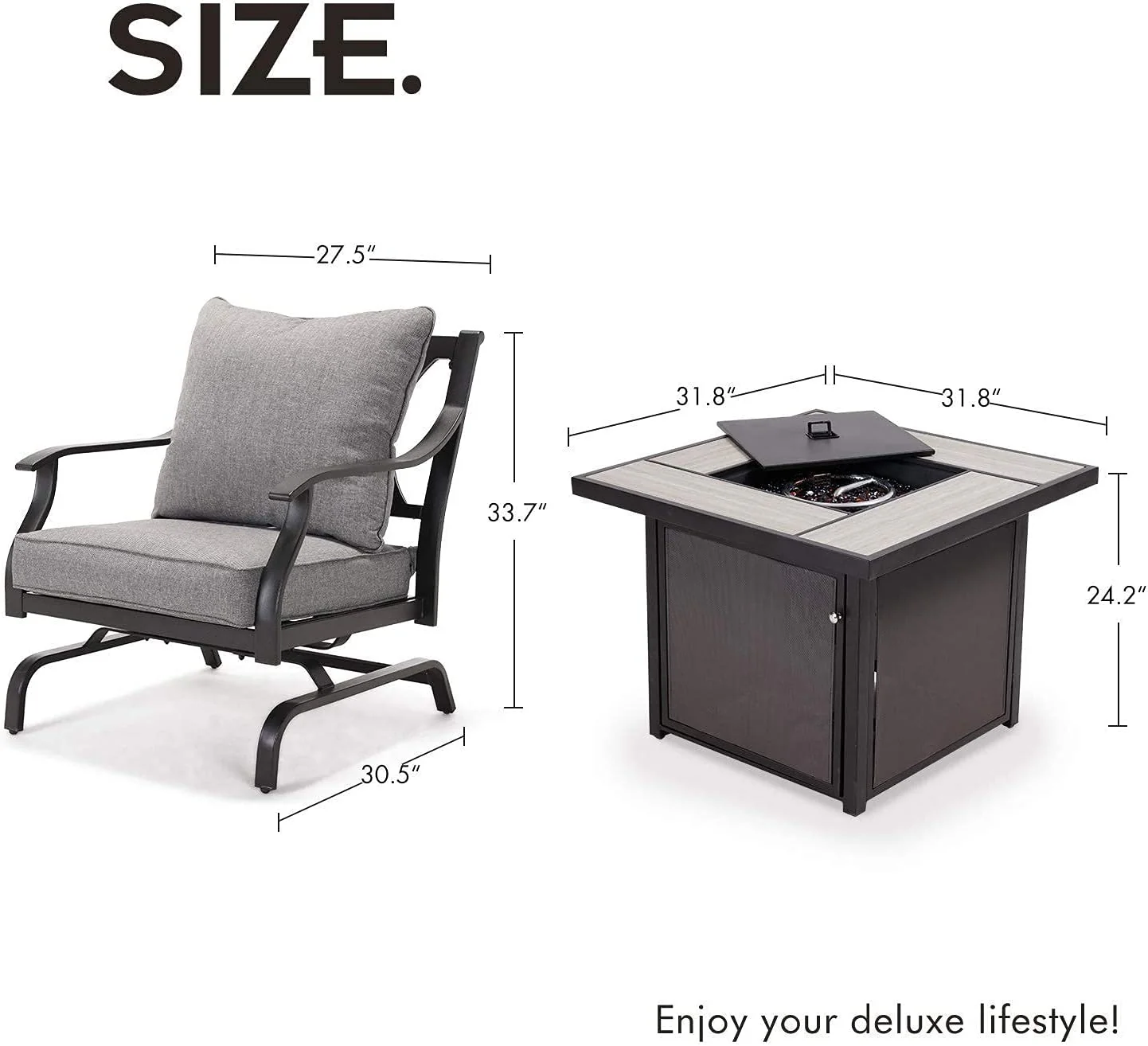 5 PCS Outdoor Furniture Conversation with 32 in Fire Table Set Grey Cushions Rocking Chairs Propane Gas Fire Pit