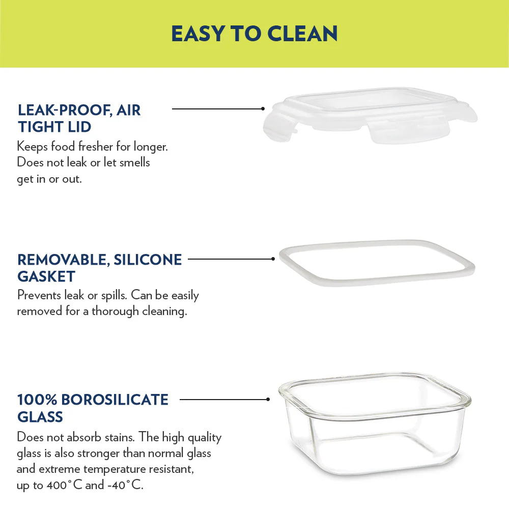 Alfa Blue Glass Lunch Box, Square x 3 (Tall), Set of 3, 320ml