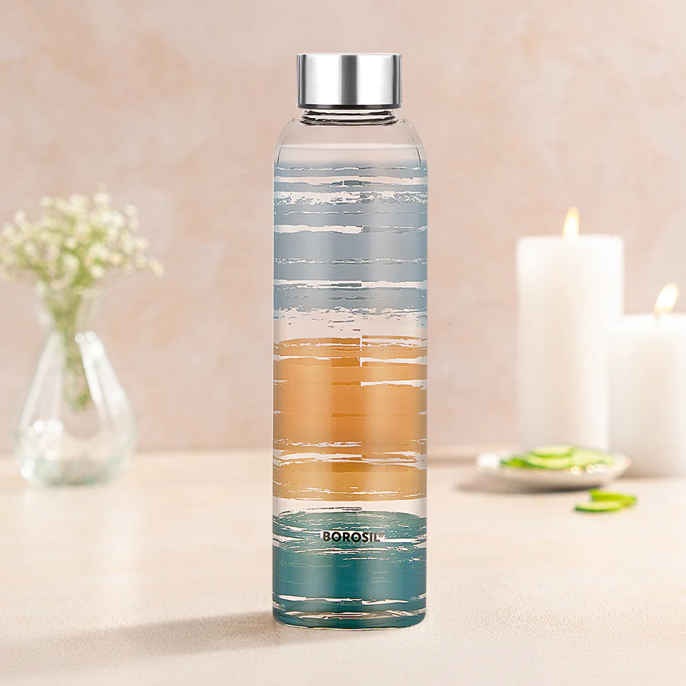 Borosil Glance Glass Bottle with Silver Lid , 550 Ml