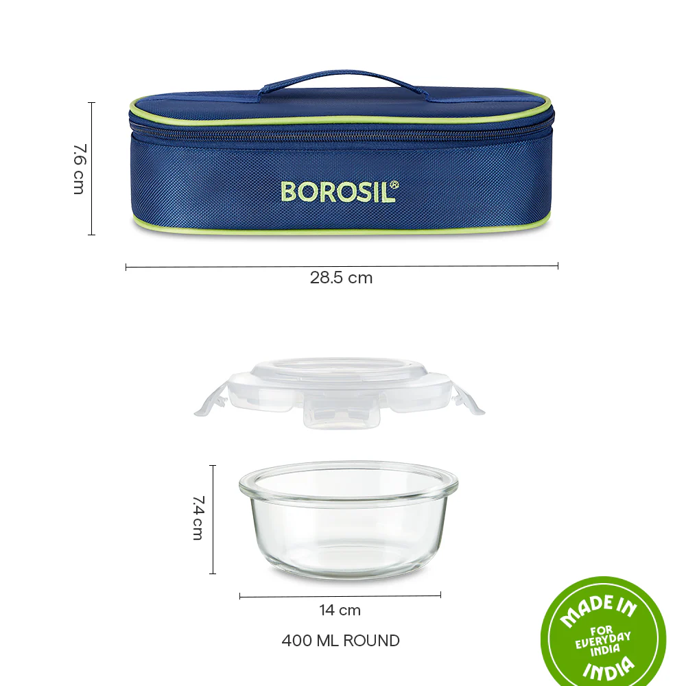 Borosil Blue Glass Lunchbox, Round x 2 (Flat), 400ml x 2