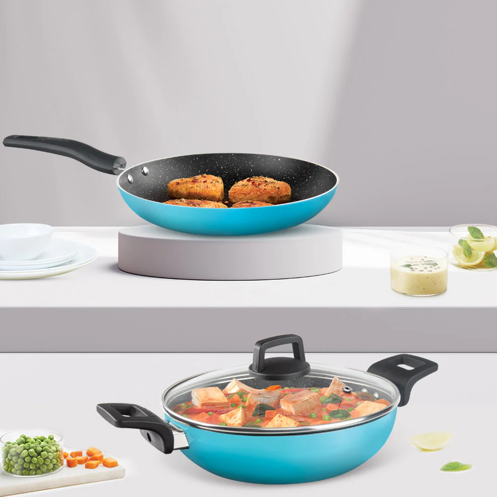 Borosil Festive Glory Cookware Set, Blue, 3 pc Set (Deep Kadhai + Fry Pan + Glass Lid)
