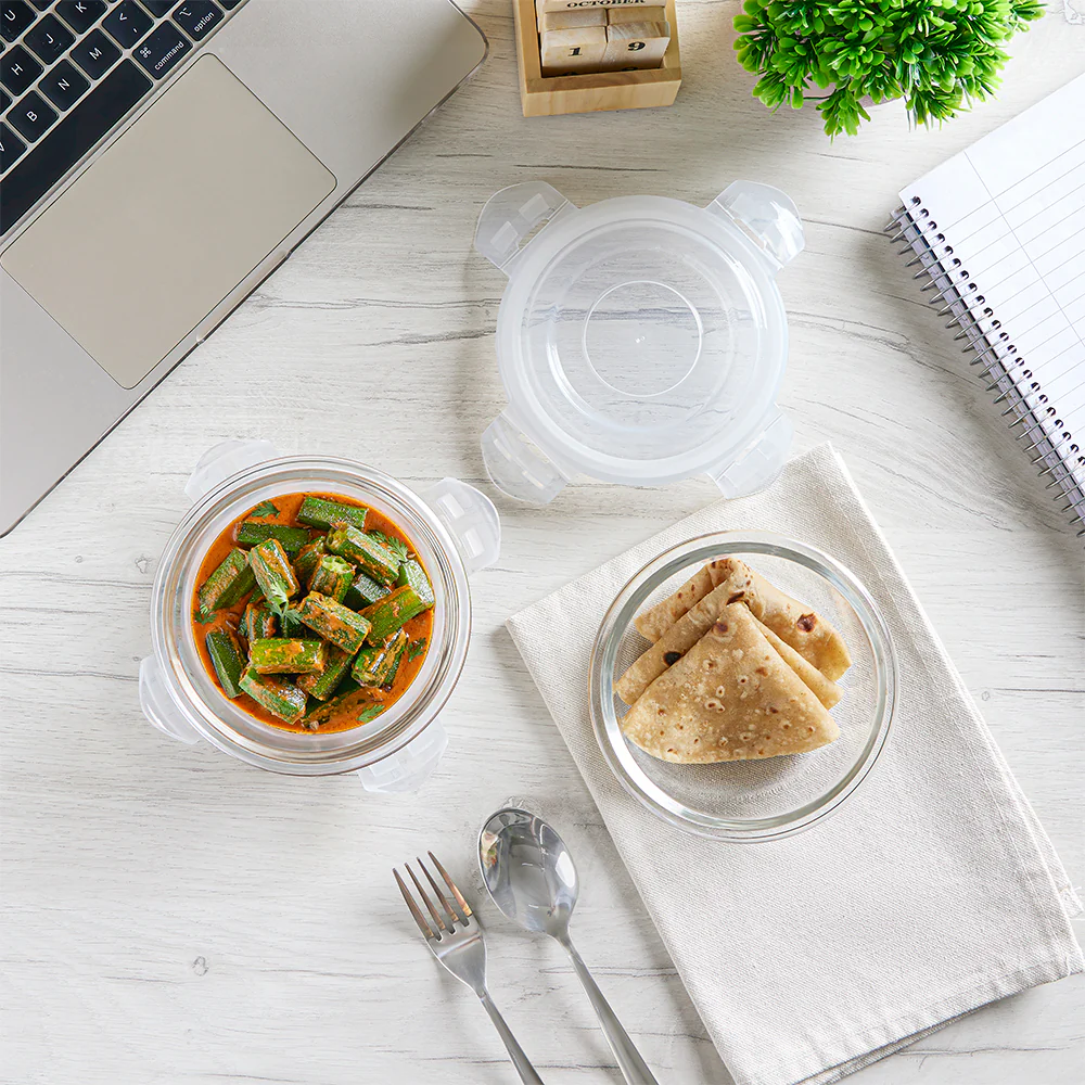 Borosil Prime Glass Lunchbox, Round x 2 (Tall), 400ml x 2