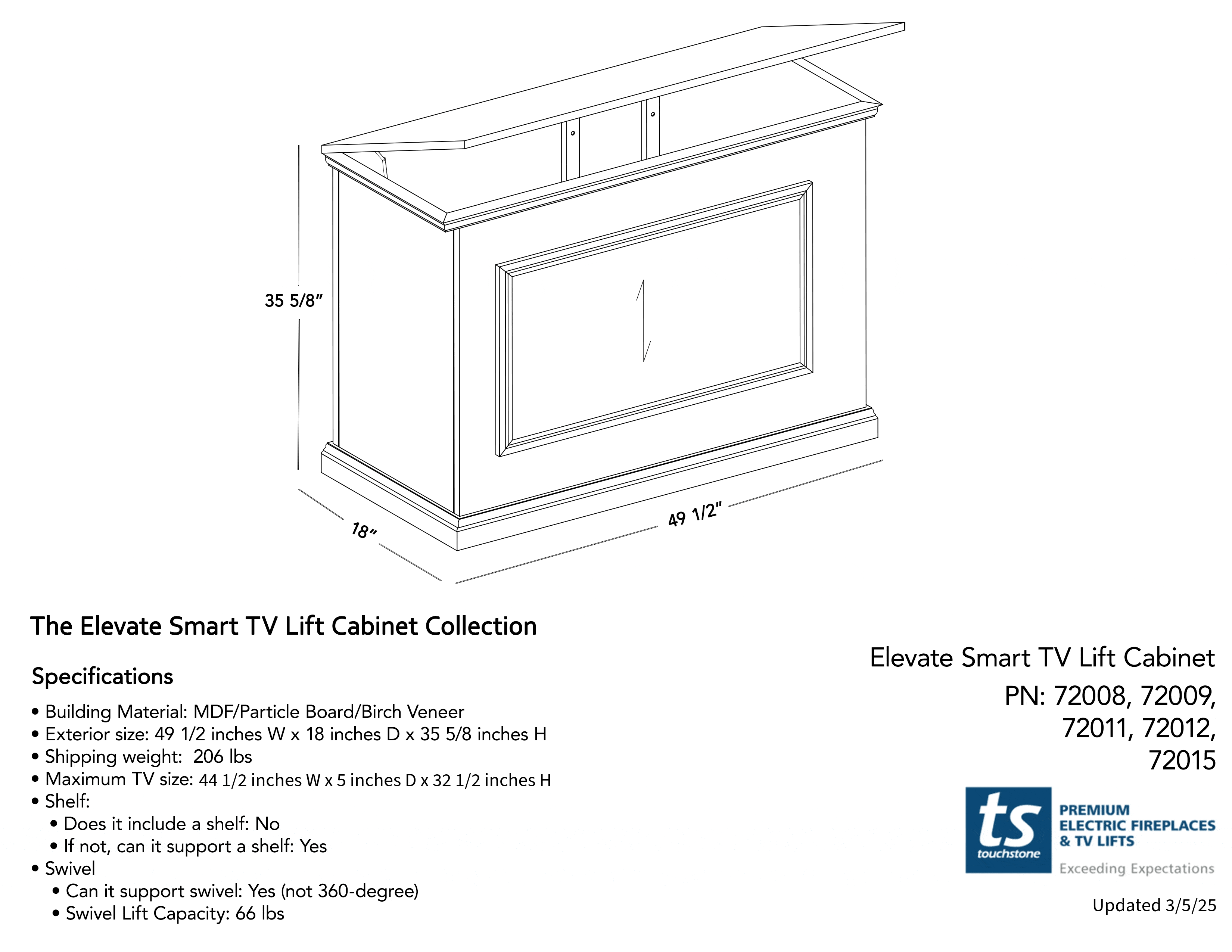 The Elevate 72009 Honey Oak Smart TV Lift Cabinet for 50 Inch Flat screen TVs