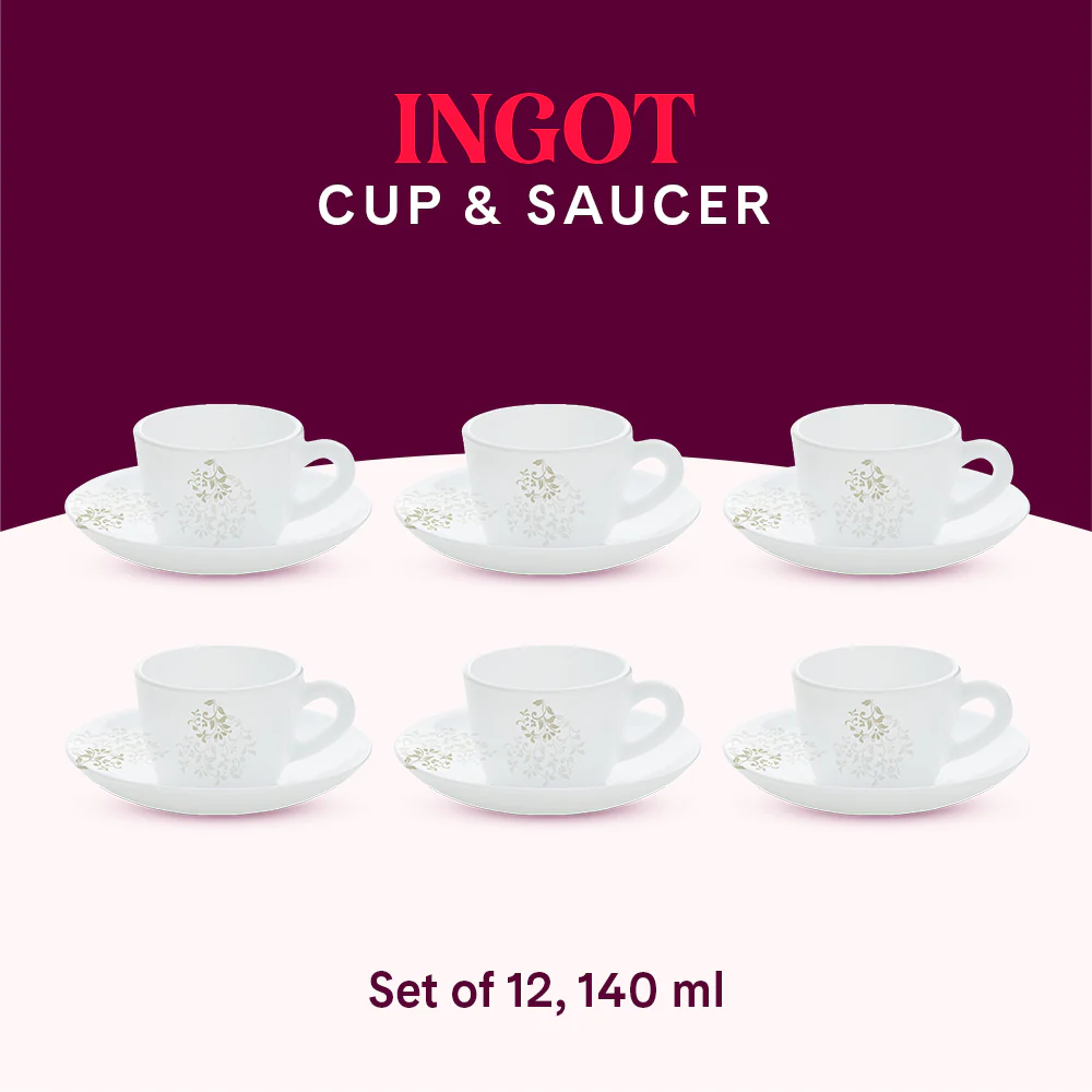 Larah by Borosil Ingot Cup n Saucer Set, 140ml x 12