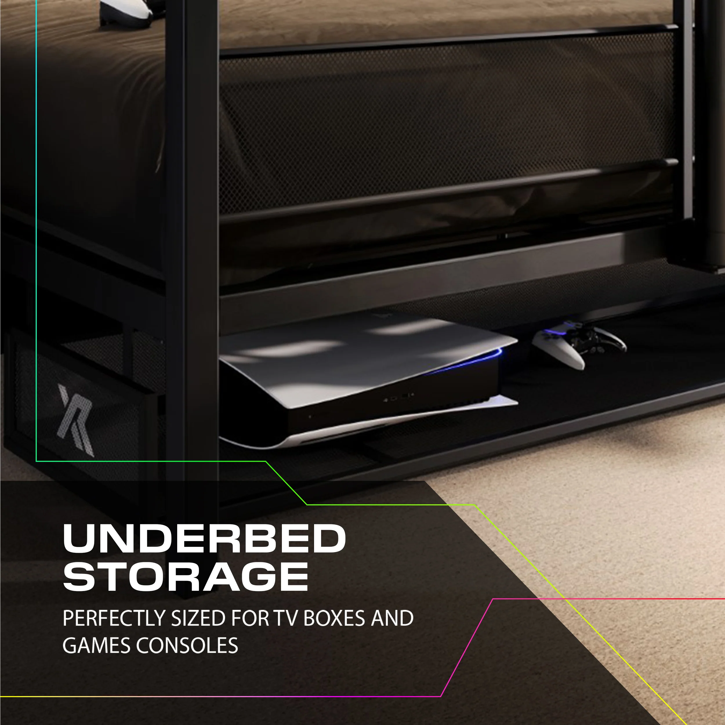 Basecamp RGB Double LED Gaming TV Bed - Black