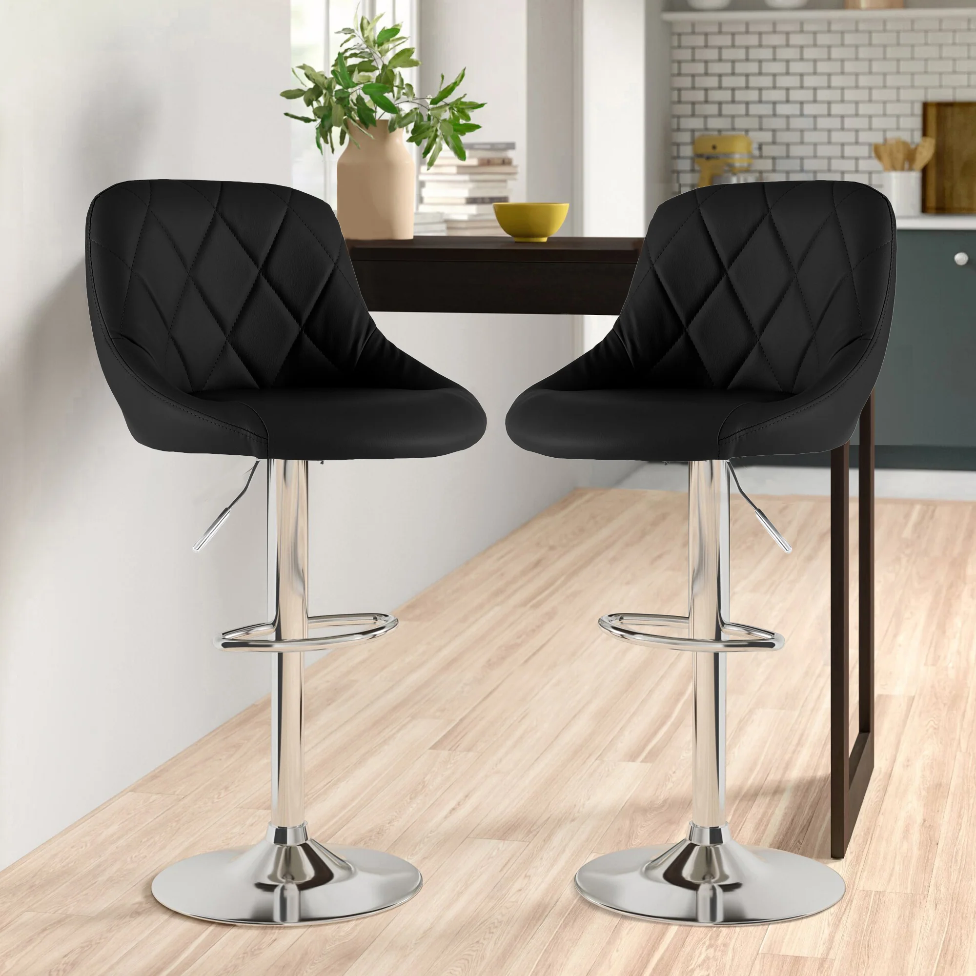 Neo Bar Stool Black Leather & Polished Steel Adjustable Base