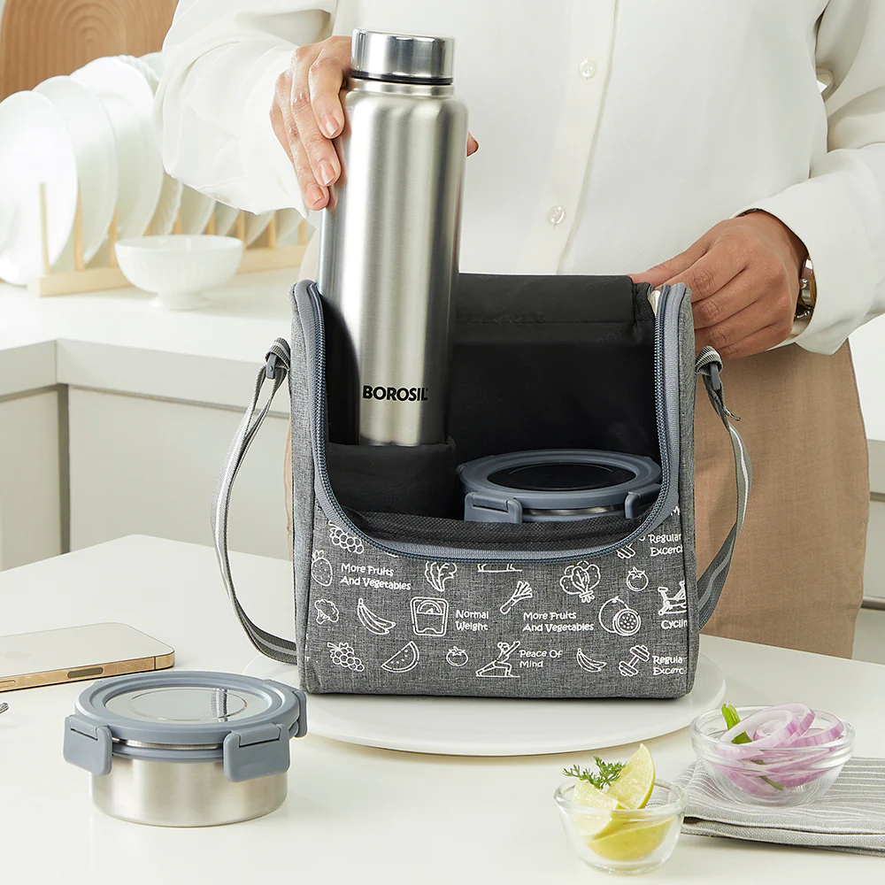 Borosil Slate Stainless Steel Lunchbox w SS Bottle, (280ml x 3) + (600ml Bottle x 1)