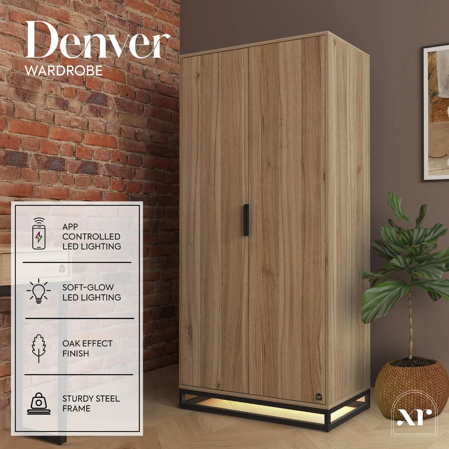 Denver 2 Door Wardrobe With App Controlled LED Lights - Oak / Black