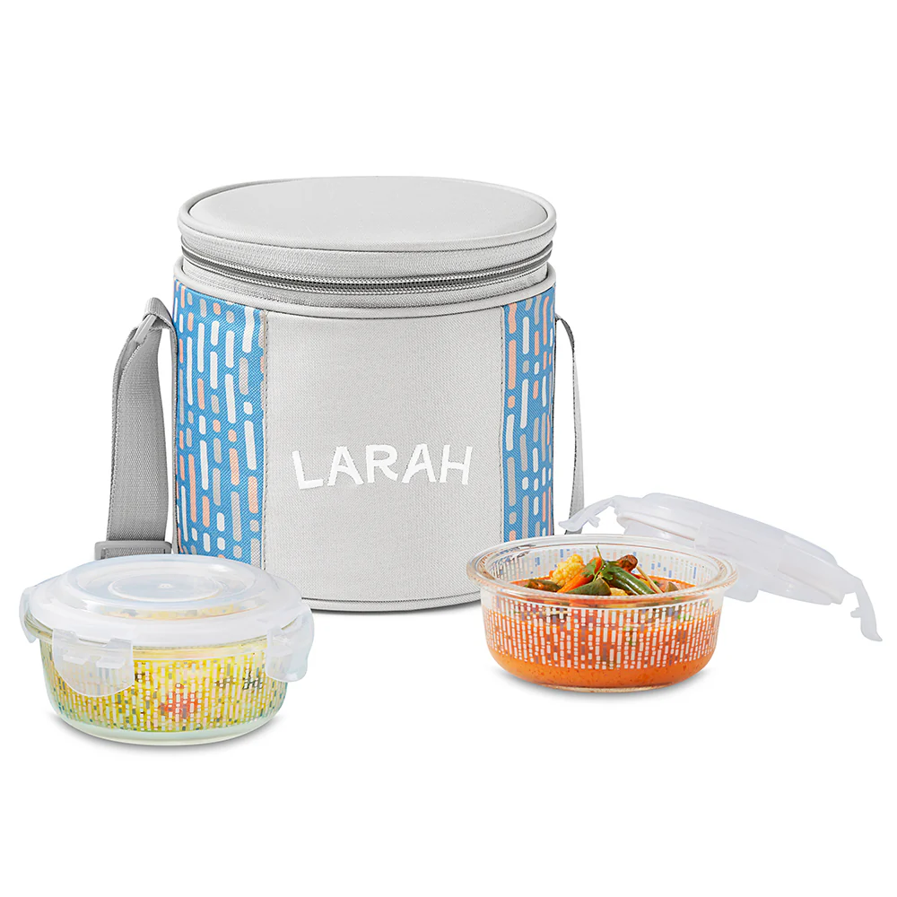 Larah Vogue Glass Lunchbox, Round x 2 (Tall), 400ml x 2