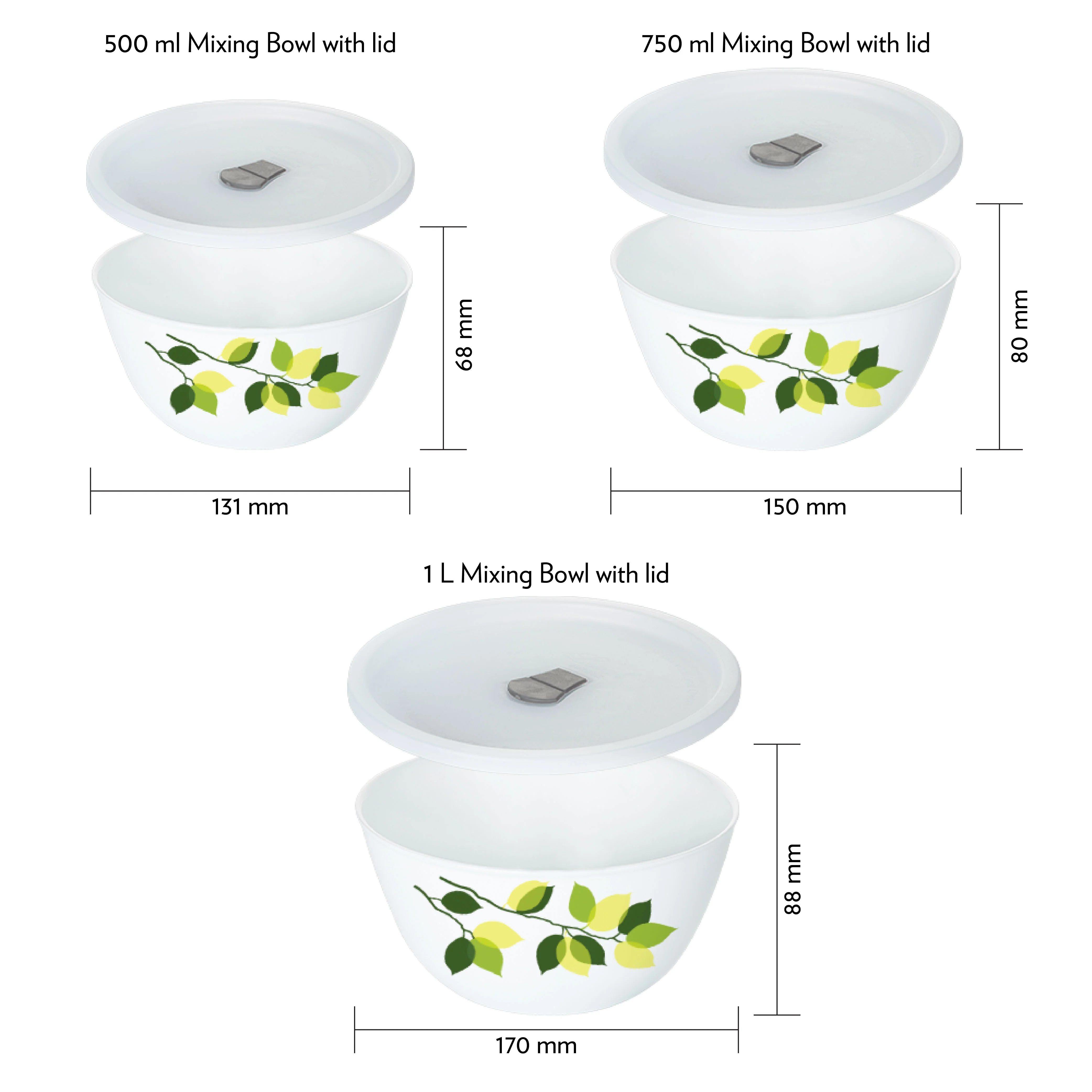 Larah by Borosil Green Leaves 4 pc Mixing Bowl, 1 L + 750 ml + 500 ml