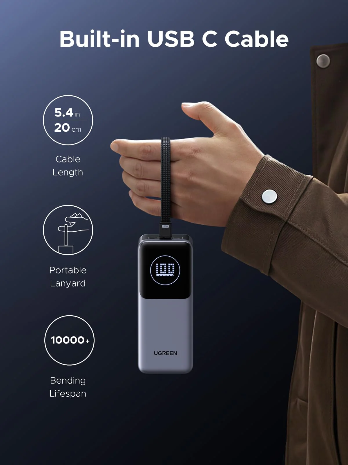 UGREEN Nexode Power Bank 20000mAh 130W with Built-in USB-C Cable