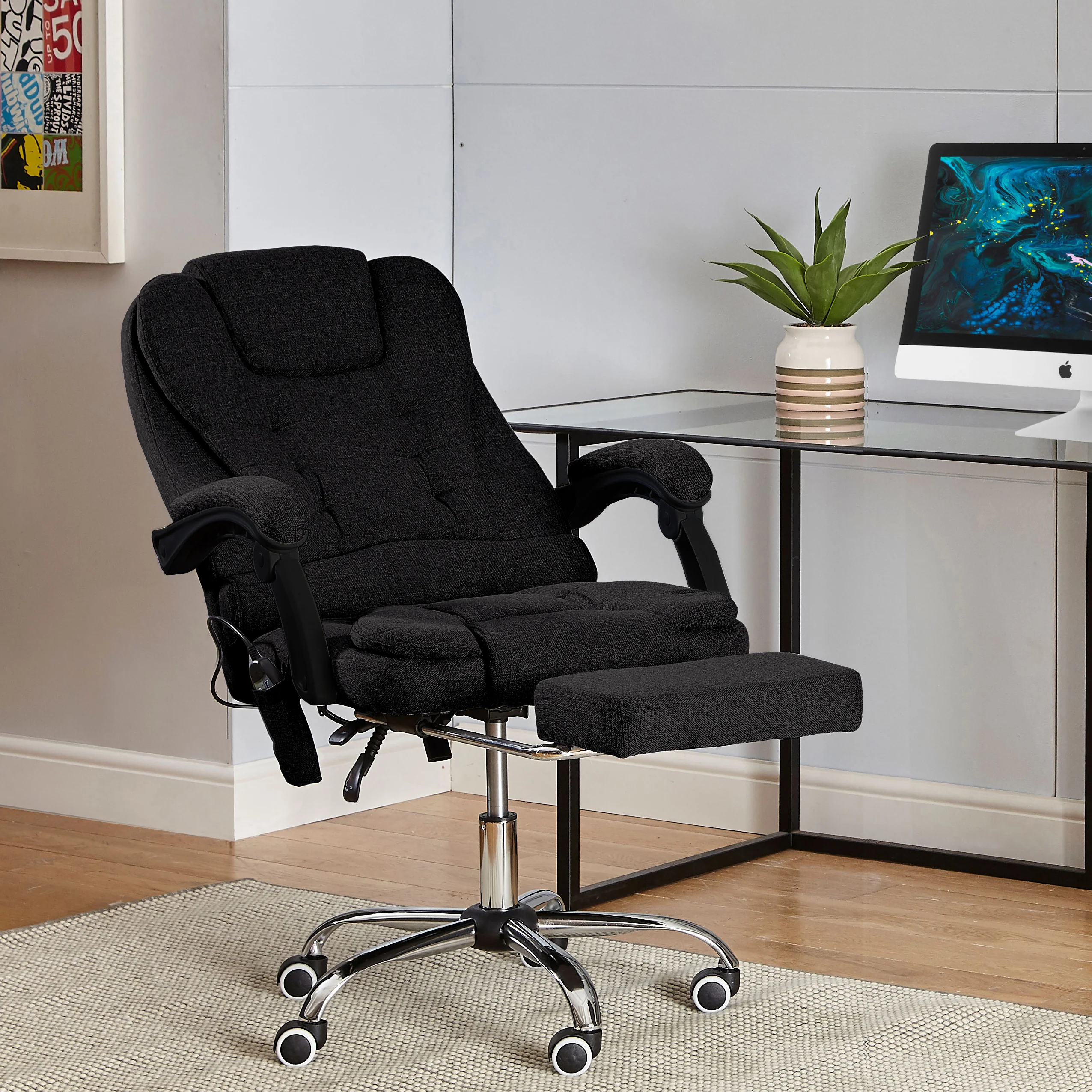 Neo Office Chair Black Fabric Footrest & Massage Function Steel Frame