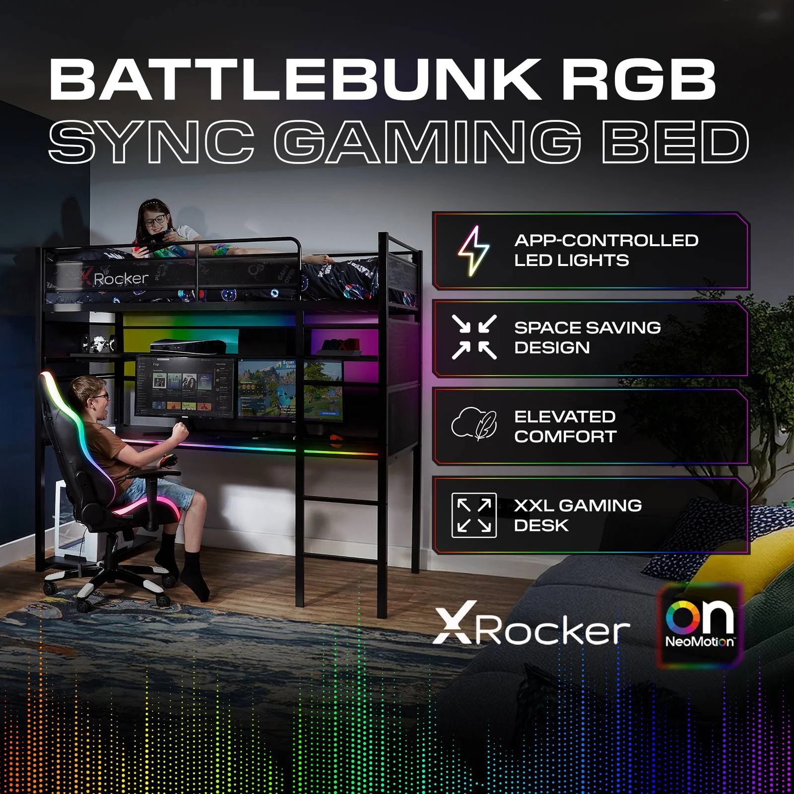 Battlebunk RGB LED High Sleeper Gaming Bunk Bed with Desk - Black