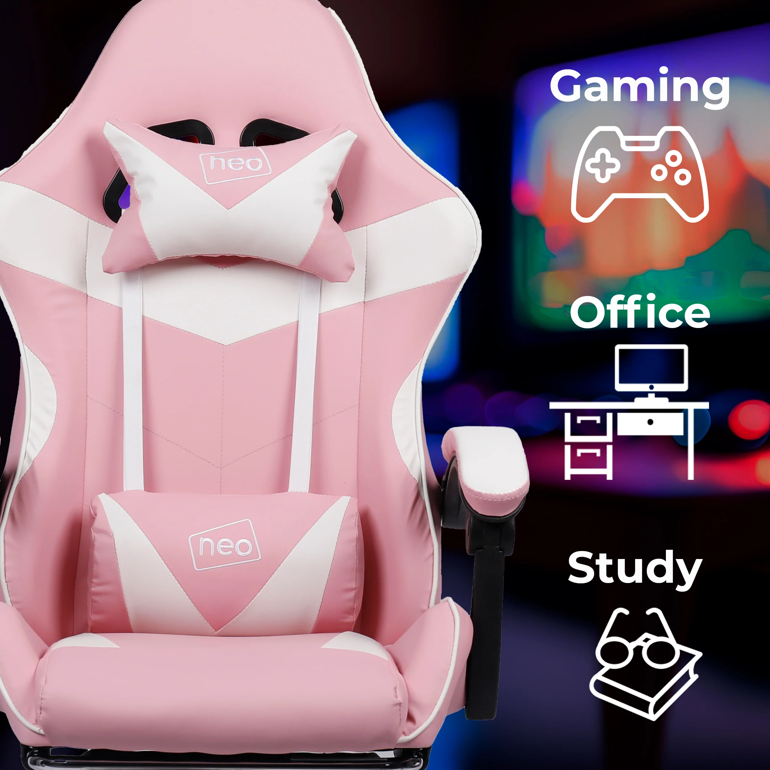 Neo Gaming Chair Pink & White PU Leather with Footrest