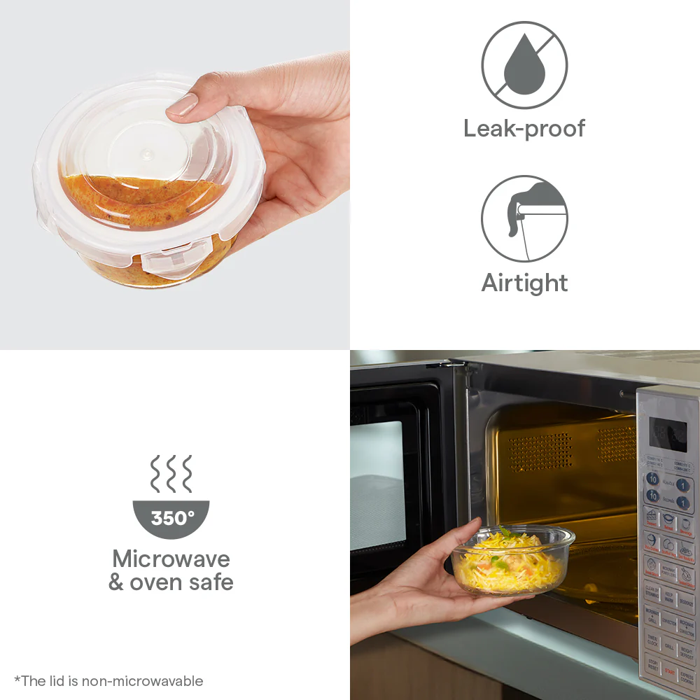 Borosil Blue Glass Lunchbox, Round x 2 (Tall), 400ml x 2