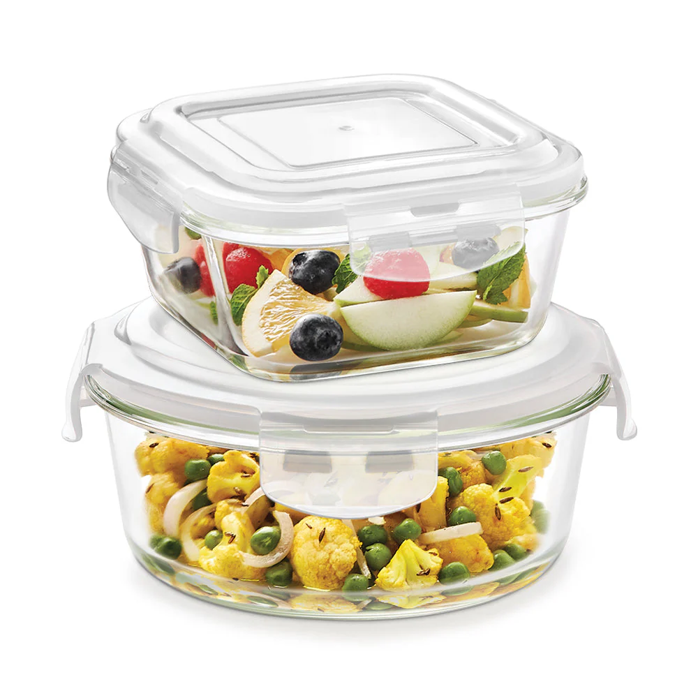 Borosil Tuff-Glass Klip n Store, Square + Round, Set of 2, Containers