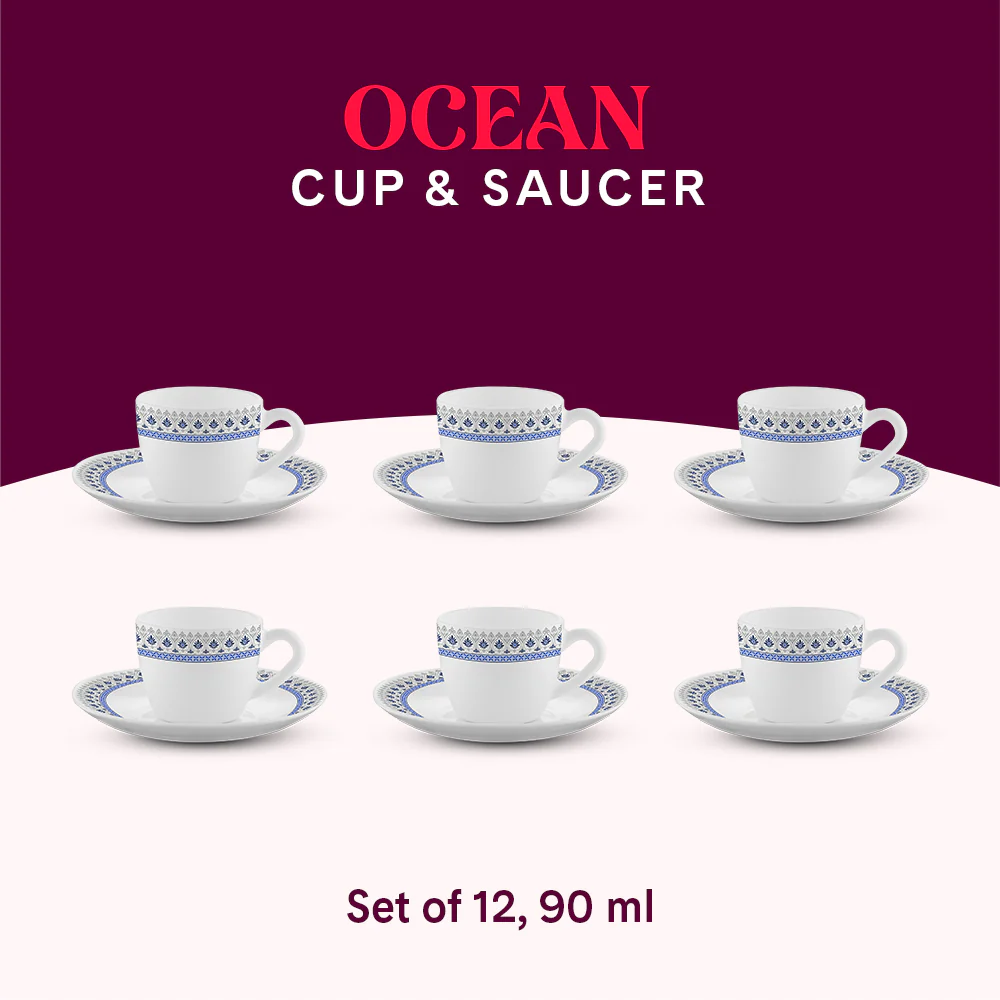 Larah by Borosil Ocean Cup n Saucers Set, 90ml x 12
