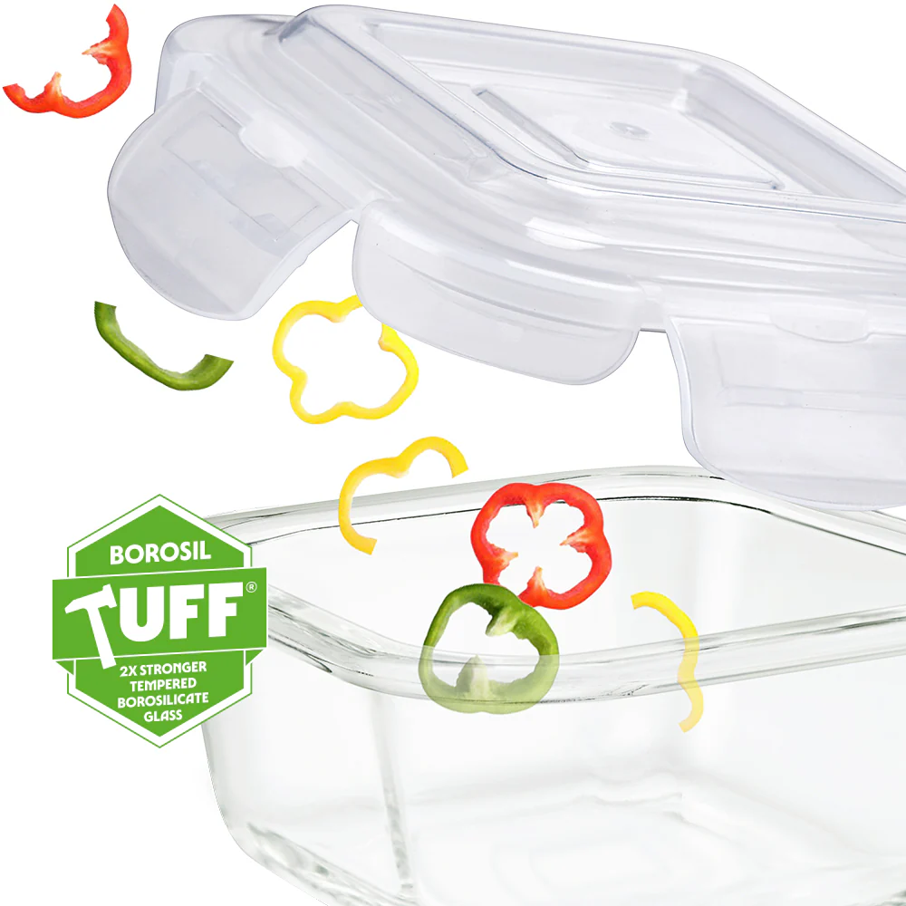 Borosil Blue Universal Glass Lunchbox, 320ml x 2 (+) 240ml x 2