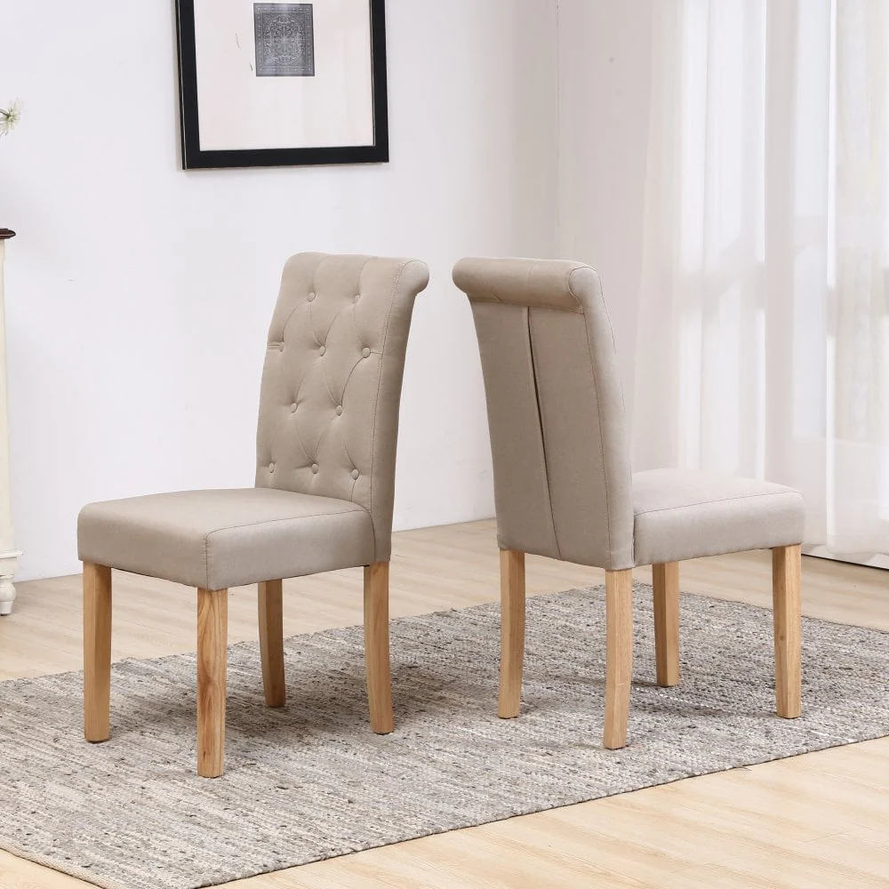 Set of Two Neo Cream Fabric High Button Back Roll Top Dining Table Chairs