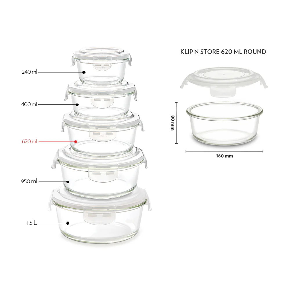 Borosil Tuff-Glass Klip n Store, Round Container