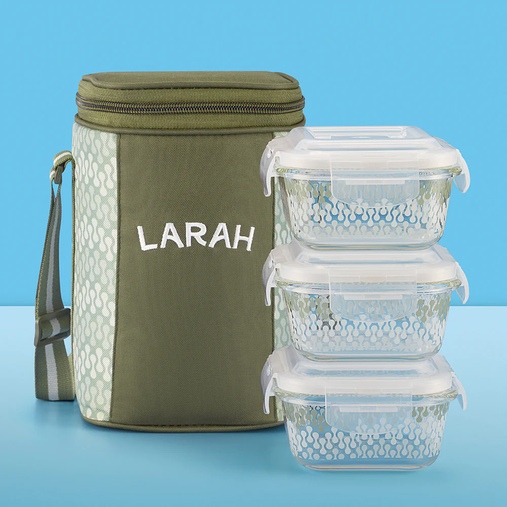 Larah Gracia Glass Lunchbox, Square x 3, 320ml x 3