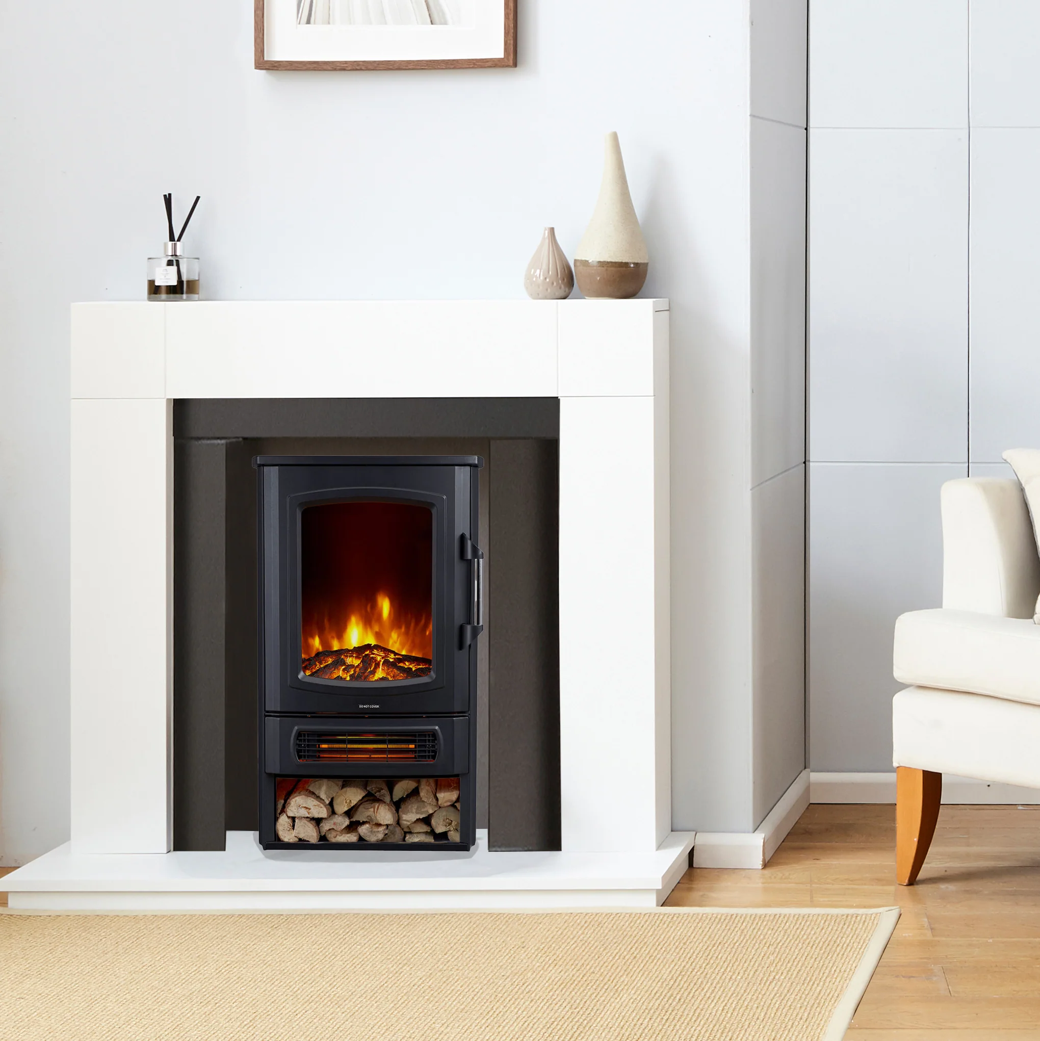 Neo Electric Heater Black with Realistic Flame & Log Store 1000W / 2000W