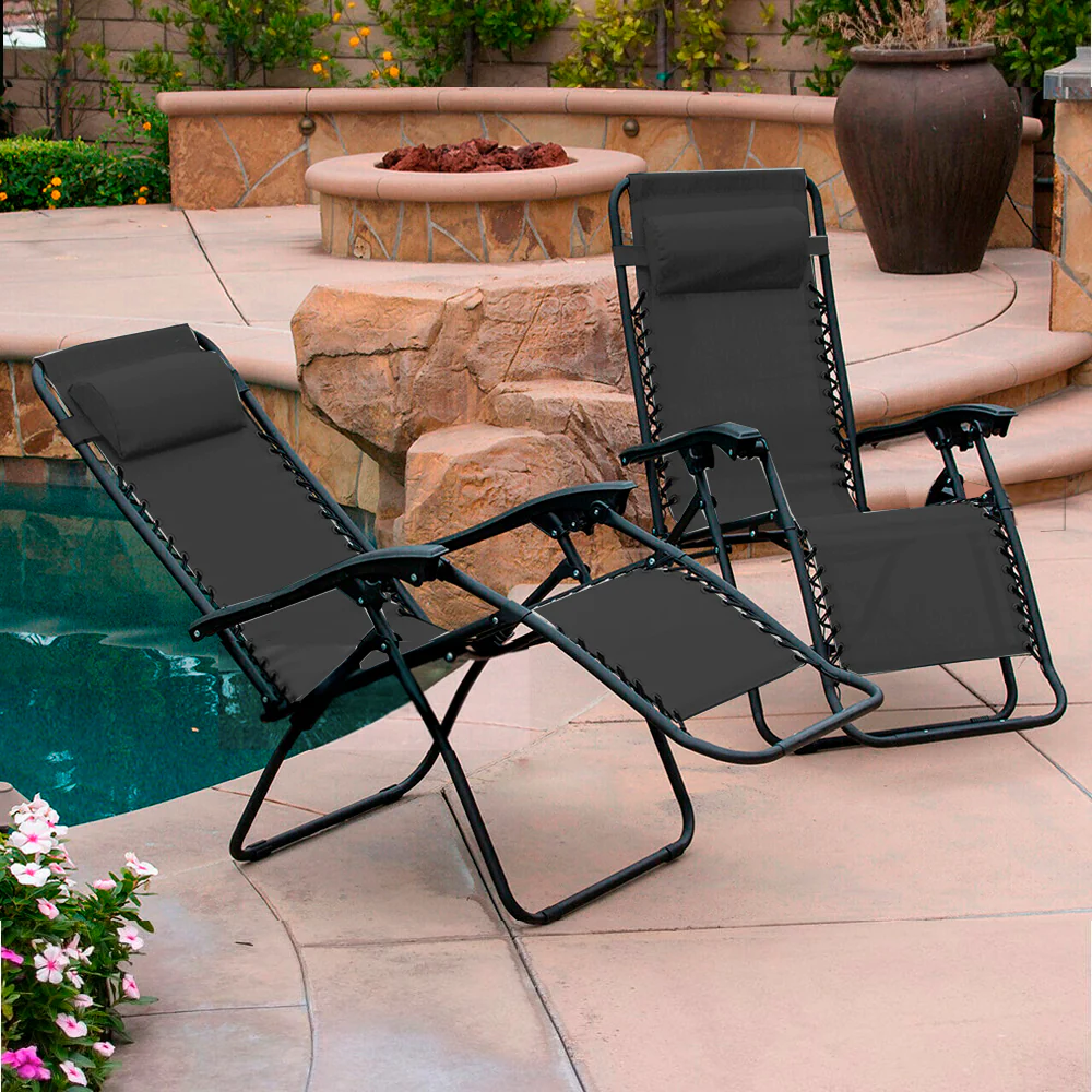 Neo Black Zero Gravity Recliner Garden Sun Loungers x2